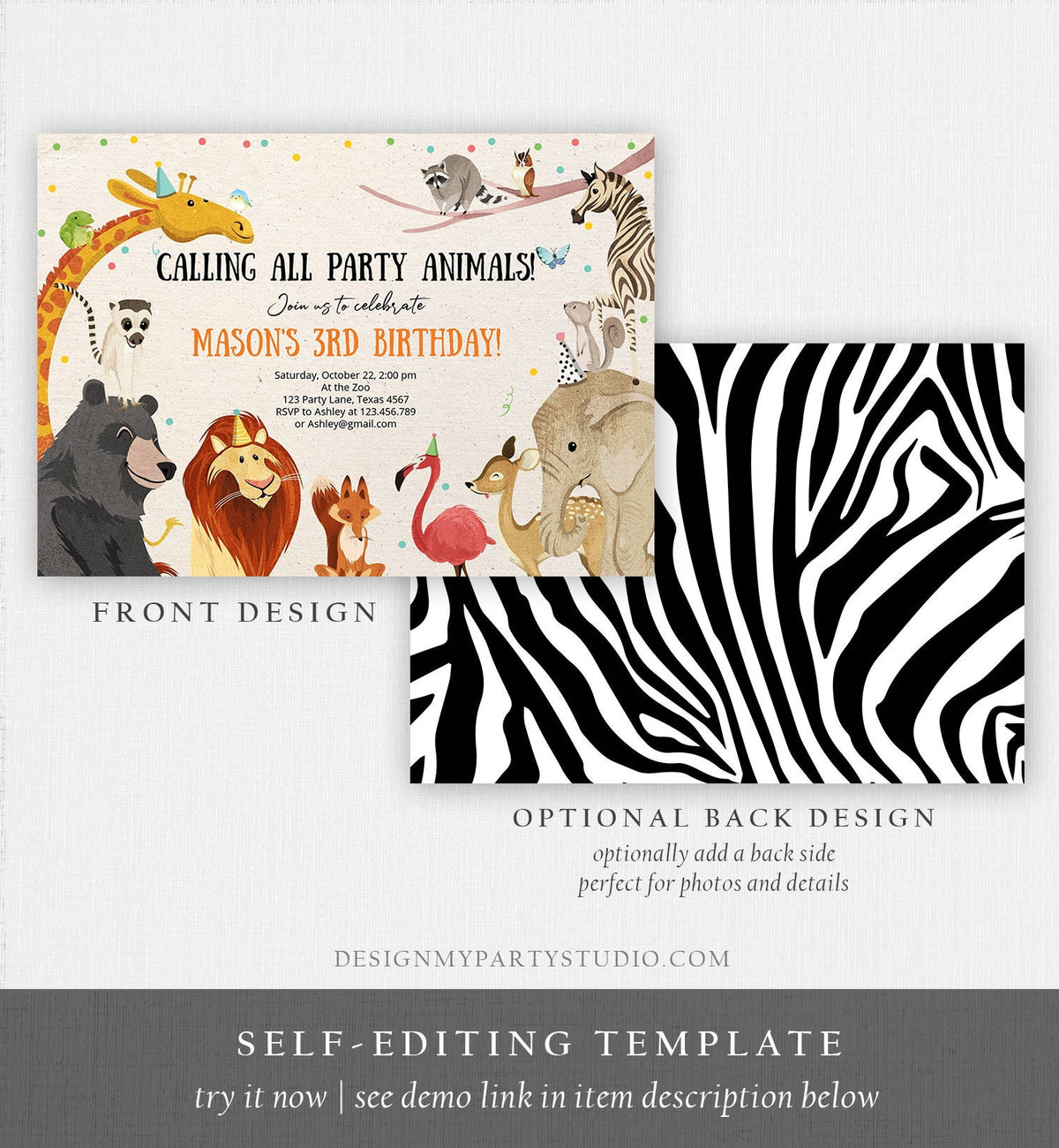 Editable Birthday Invitation Party Animals Wild One Baby Shower Invite Zoo Safari Animals Download Printable Invitation Template Corjl 0196