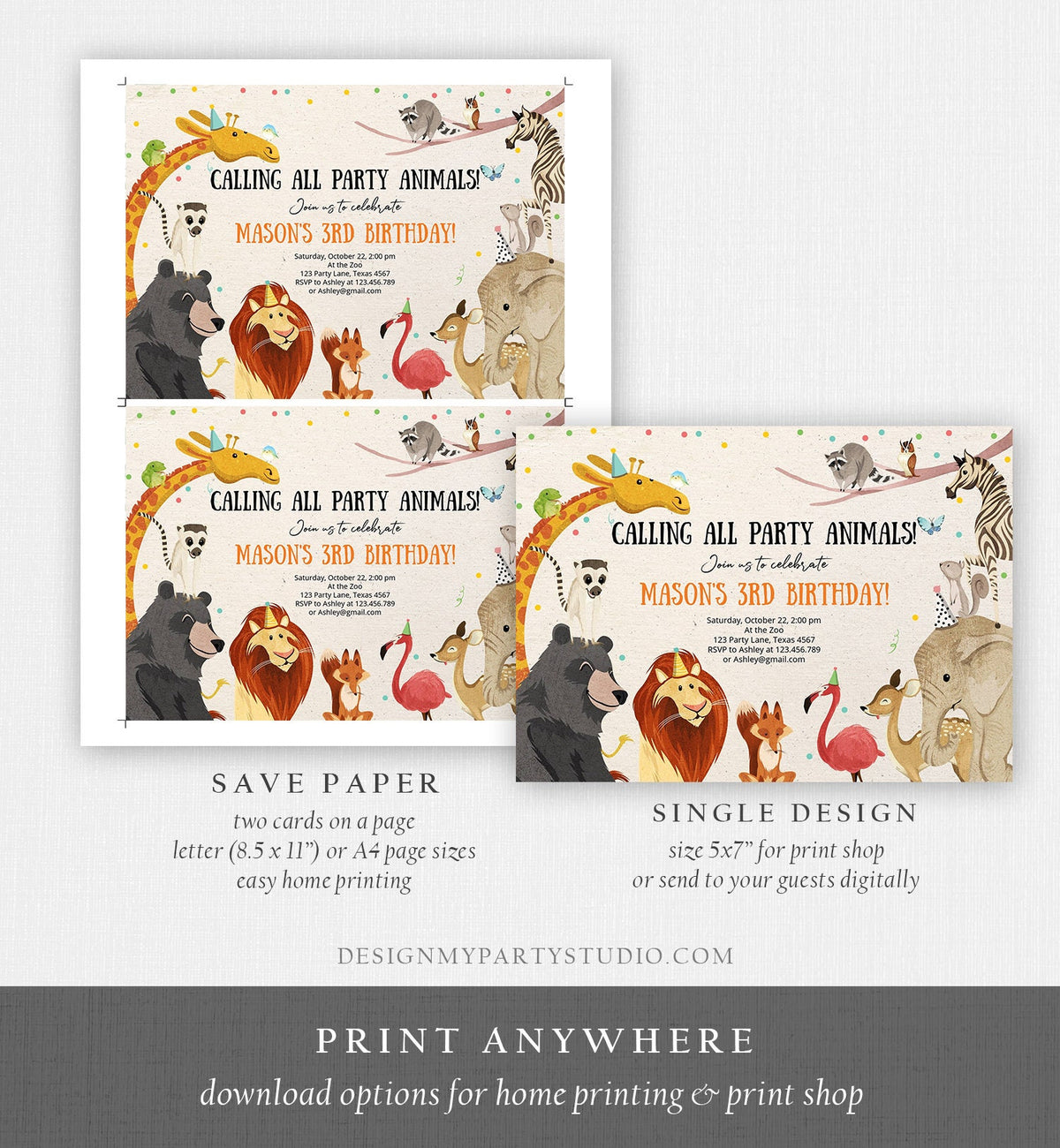 Editable Birthday Invitation Party Animals Wild One Baby Shower Invite Zoo Safari Animals Download Printable Invitation Template Corjl 0196