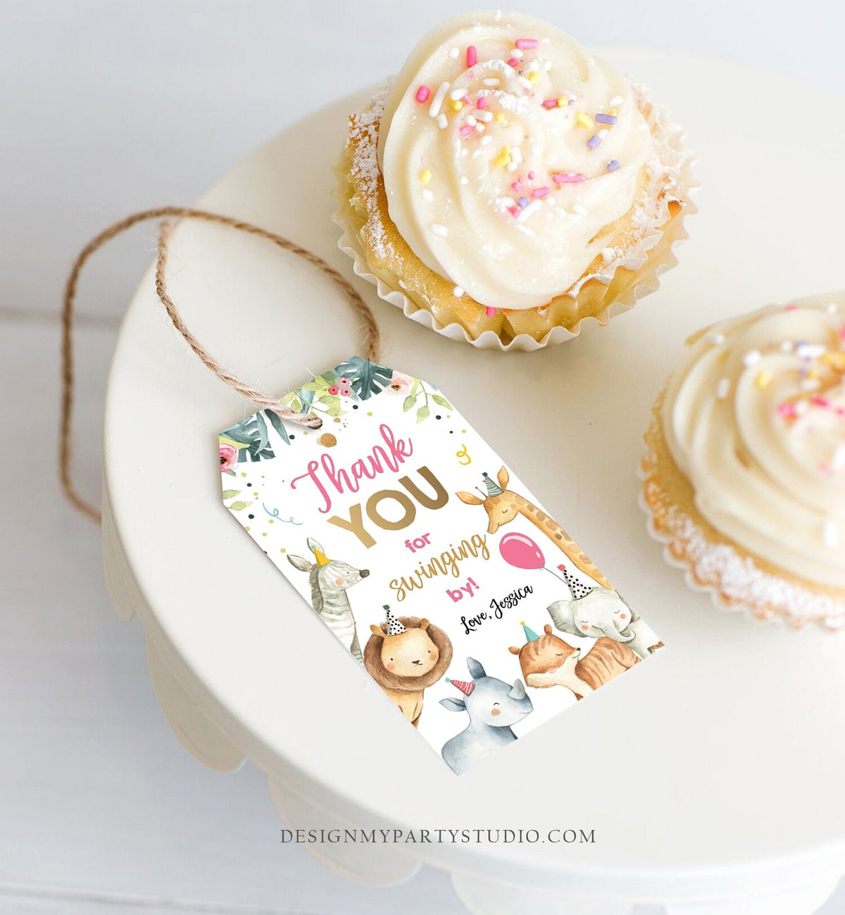 Editable Favor tags Safari Animals Wild One Party Animals Birthday Thank you tags Jungle Girl Gold Pink Gift tags Zoo Template Corjl 0163