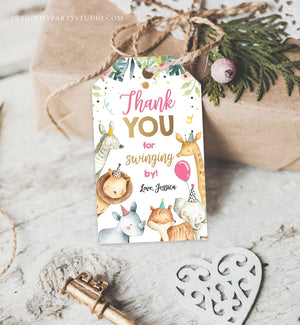 Editable Favor tags Safari Animals Wild One Party Animals Birthday Thank you tags Jungle Girl Gold Pink Gift tags Zoo Template Corjl 0163
