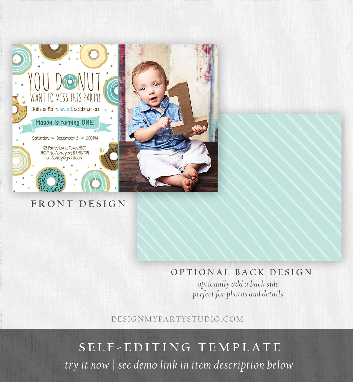 Editable Donut Birthday Invitation You Donut Want To Miss This Boy Blue Sweet Doughnut First Birthday 1st Donut Grow Up Corjl Template 0050
