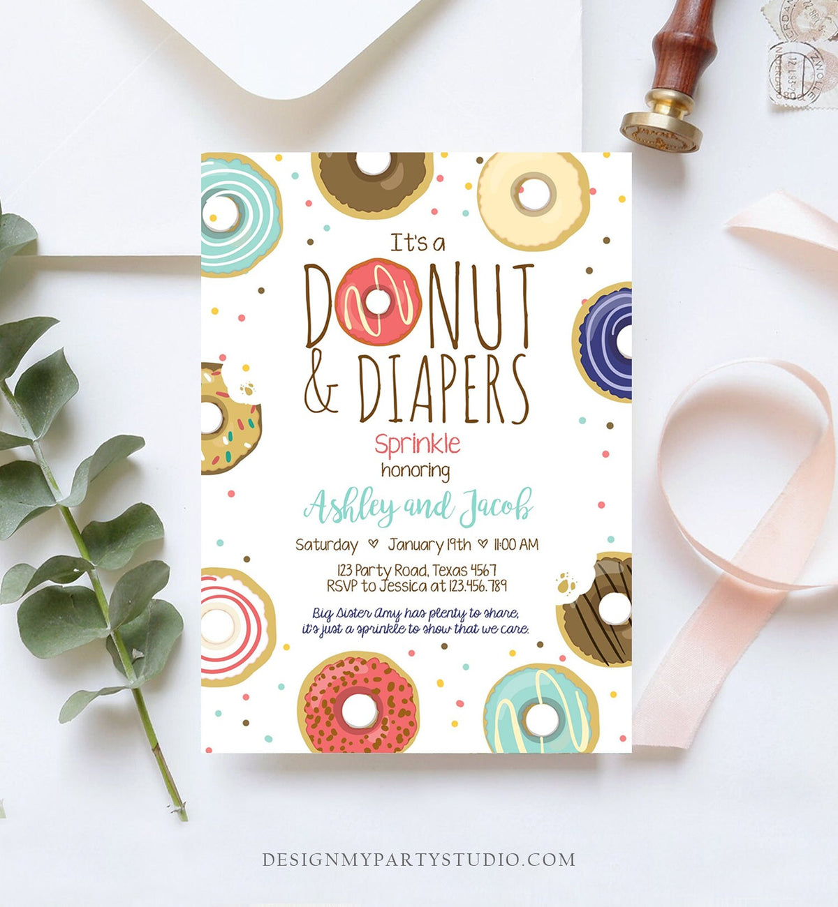 Editable Donut and Diapers Sprinkle Invitation Baby Shower Coed Shower Boy Navy Blue Red Sweet Printable Corjl Template Digital 0050