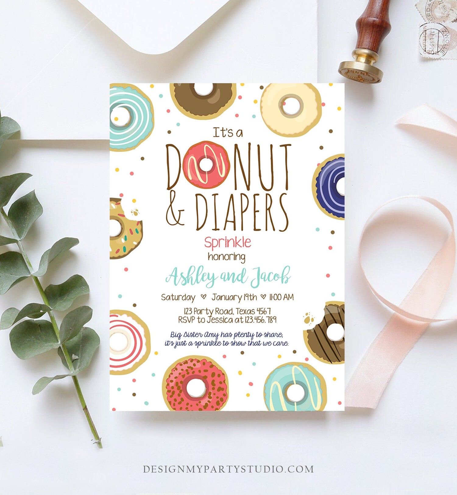 Editable Donut and Diapers Sprinkle Invitation Baby Shower Coed Shower Boy Navy Blue Red Sweet Printable Corjl Template Digital 0050