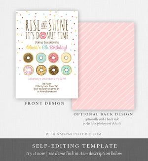 Editable Rise and Shine Donut Time Birthday Invitation ANY AGE Sweet Girl Birthday Party Pink Doughnut Digital Corjl Template Printable 0050