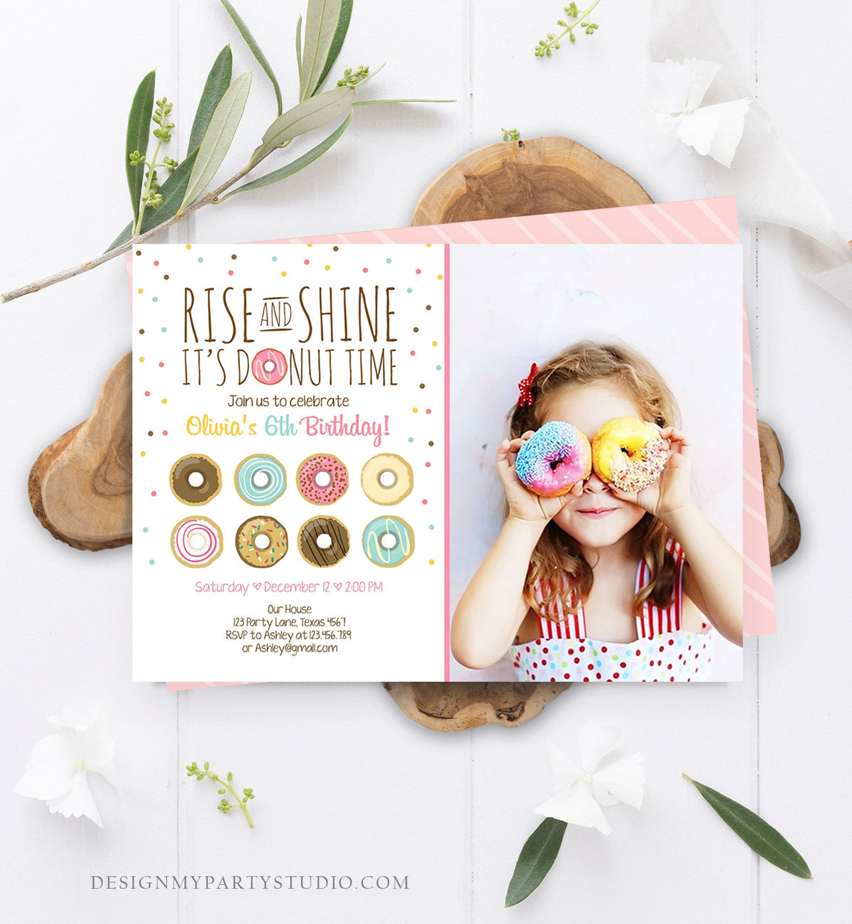 Editable Rise and Shine Donut Time Birthday Invitation ANY AGE Sweet Girl Birthday Party Pink Doughnut Digital Corjl Template Printable 0050