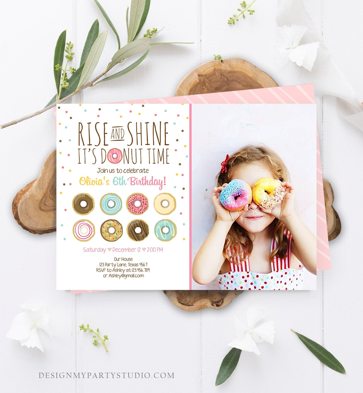 Editable Rise and Shine Donut Time Birthday Invitation ANY AGE Sweet Girl Birthday Party Pink Doughnut Digital Corjl Template Printable 0050