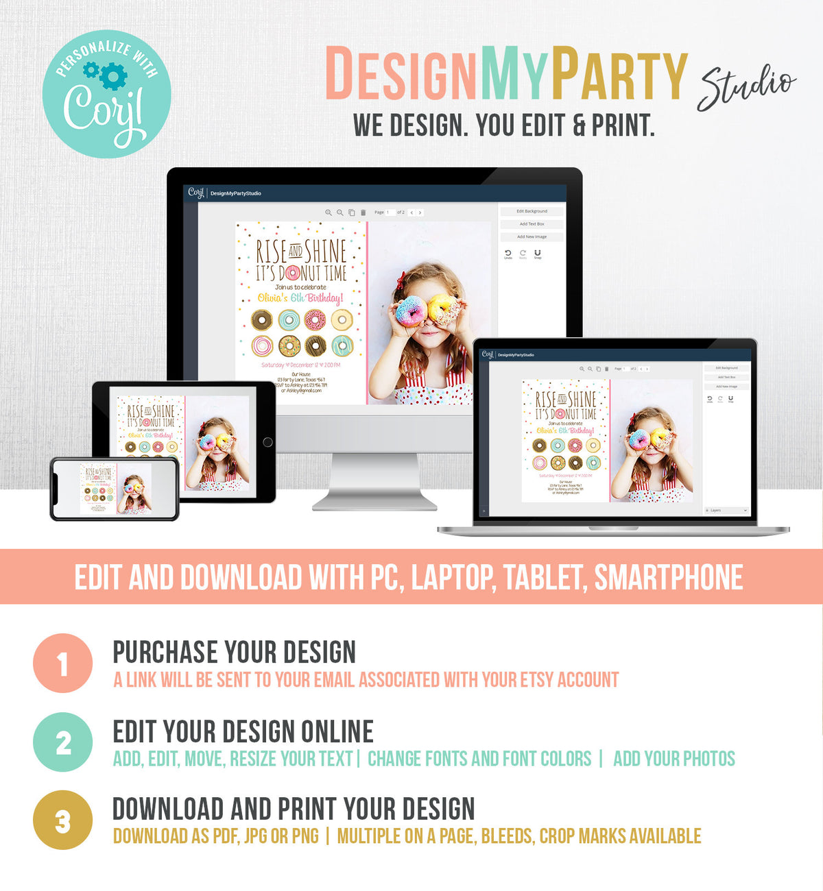 Editable Rise and Shine Donut Time Birthday Invitation ANY AGE Sweet Girl Birthday Party Pink Doughnut Digital Corjl Template Printable 0050