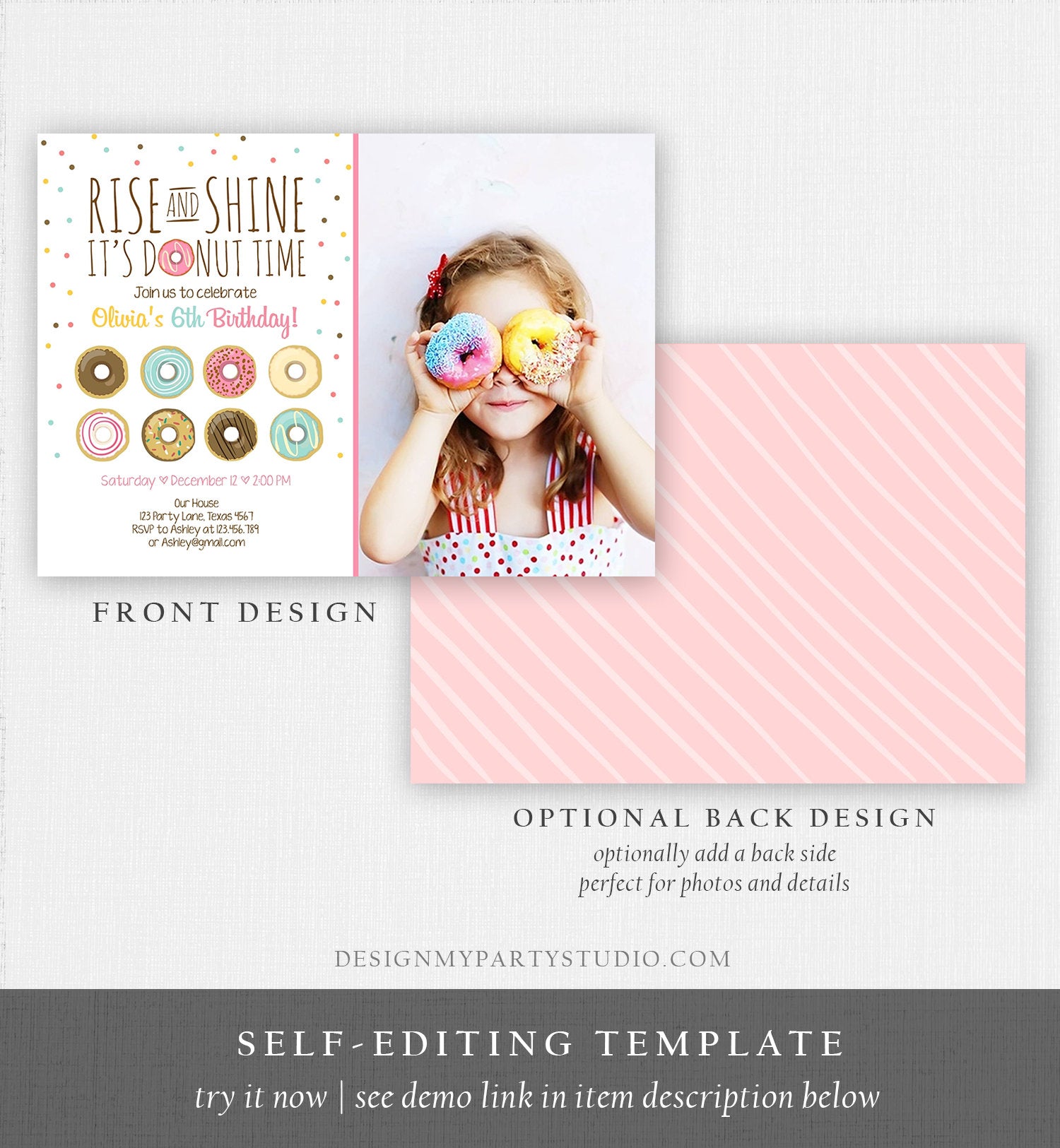 Editable Rise and Shine Donut Time Birthday Invitation ANY AGE Sweet Girl Birthday Party Pink Doughnut Digital Corjl Template Printable 0050