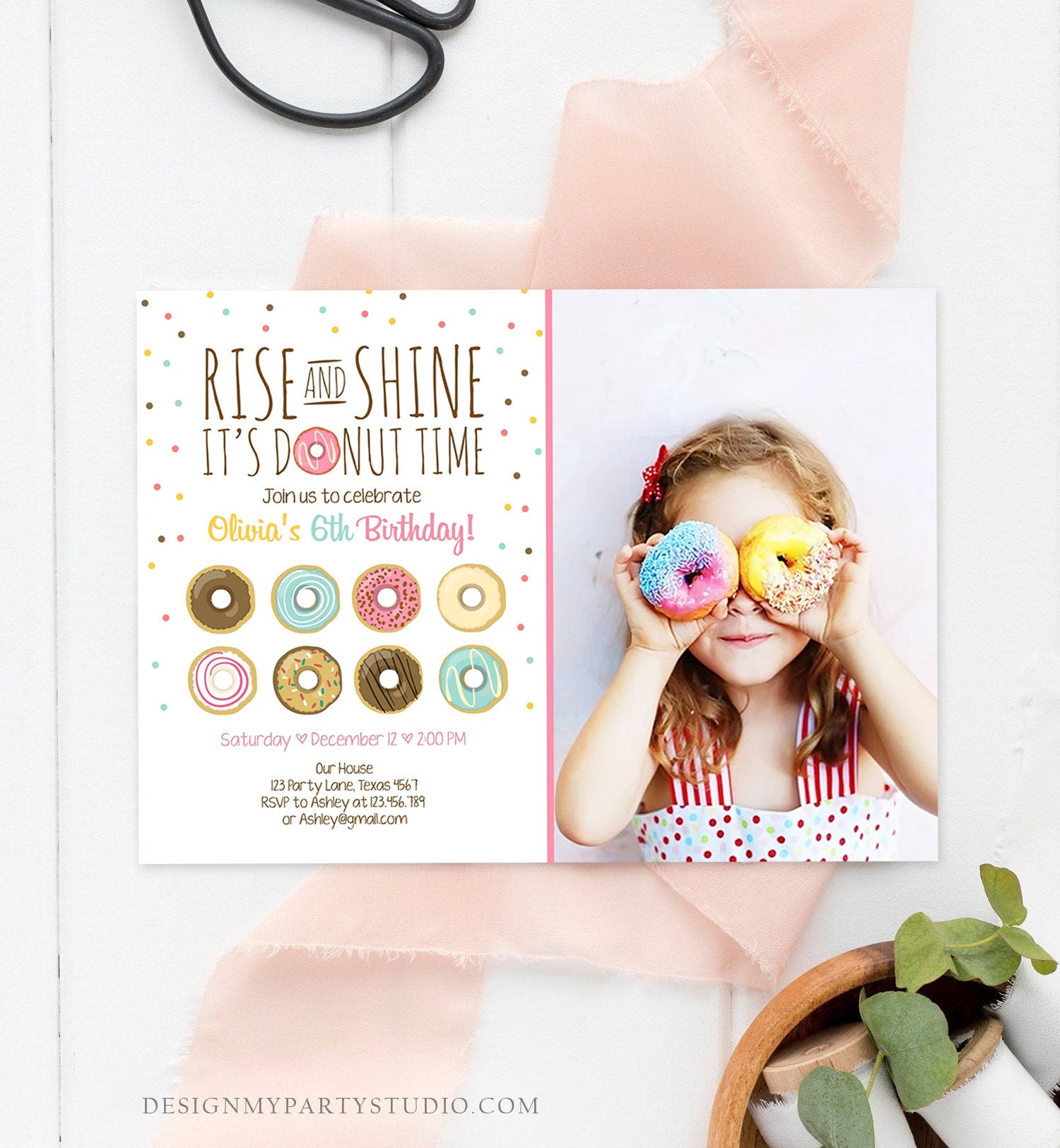 Editable Rise and Shine Donut Time Birthday Invitation ANY AGE Sweet Girl Birthday Party Pink Doughnut Digital Corjl Template Printable 0050
