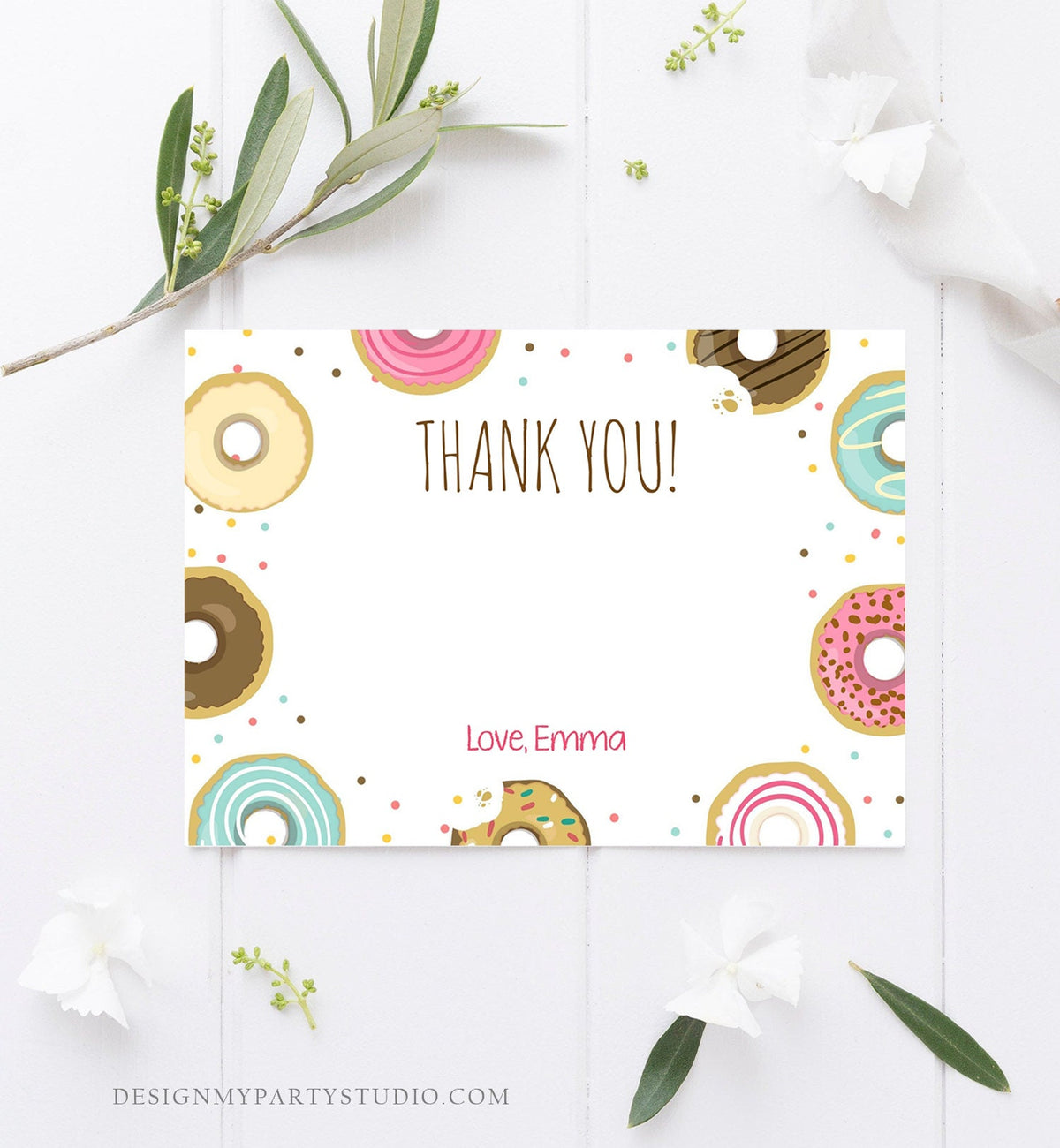 Editable Donut Thank You Card Note Pink Girl Birthday Party Doughnut Thank You Photo Sweet First Birthday 1st Corjl Template Printable 0050