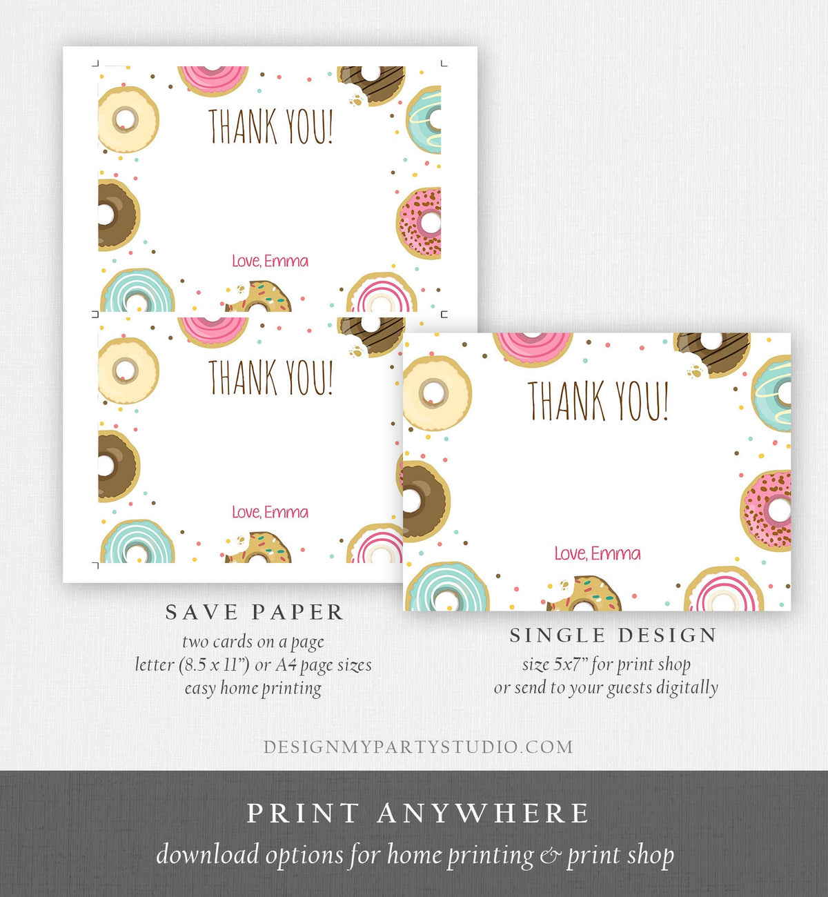 Editable Donut Thank You Card Note Pink Girl Birthday Party Doughnut Thank You Photo Sweet First Birthday 1st Corjl Template Printable 0050