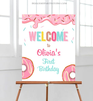 Editable Donut Welcome Sign Donut Birthday Party Pink Girl Doughnut Baby Shower Sprinkle Table Sign Download Corjl Template Printable 0050