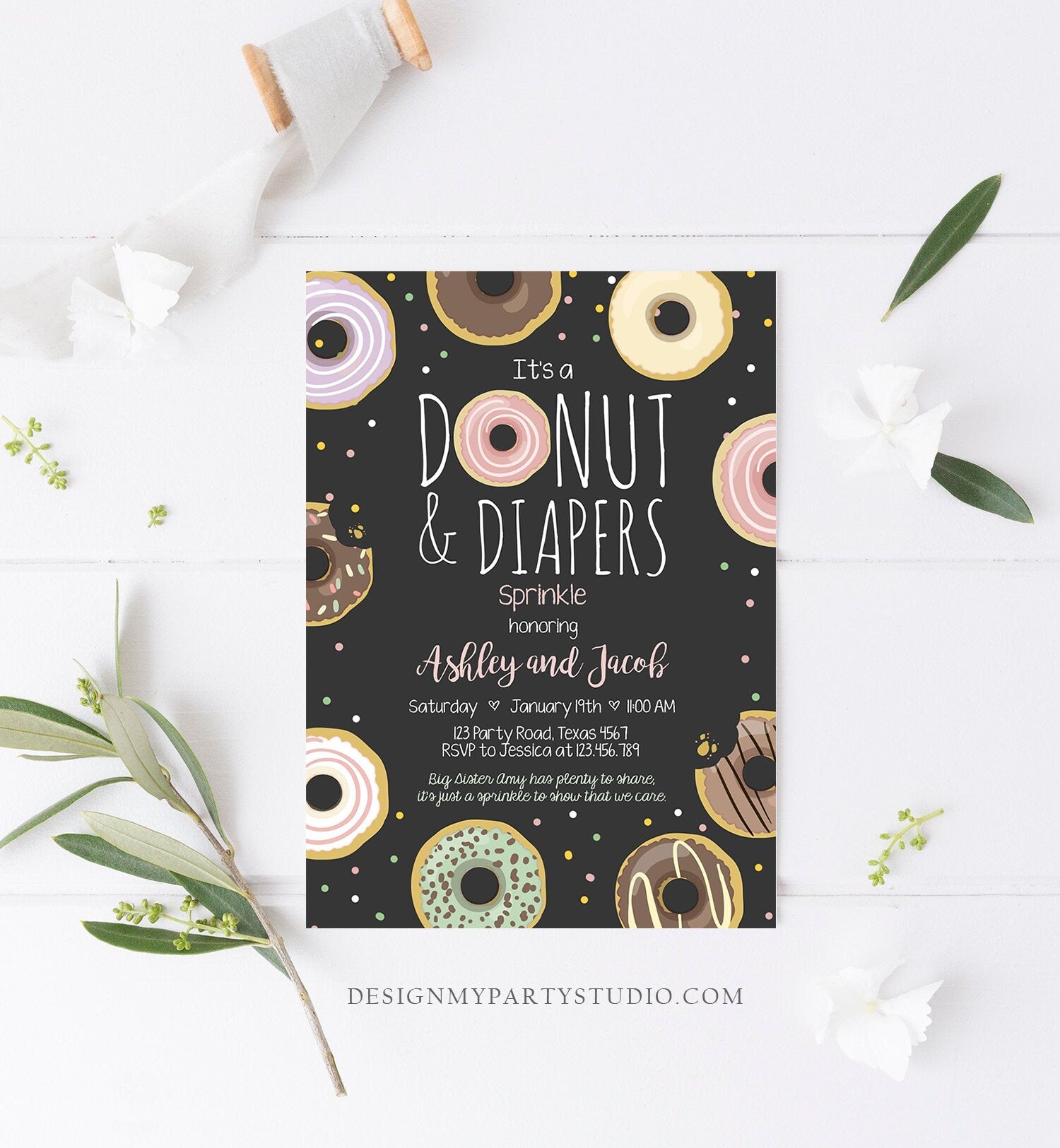 Editable Donut and Diapers Sprinkle Invitation Sprinkled With Love Coed Shower Pastel Pink Girl Boy Neutral Printable Corjl Template 0050