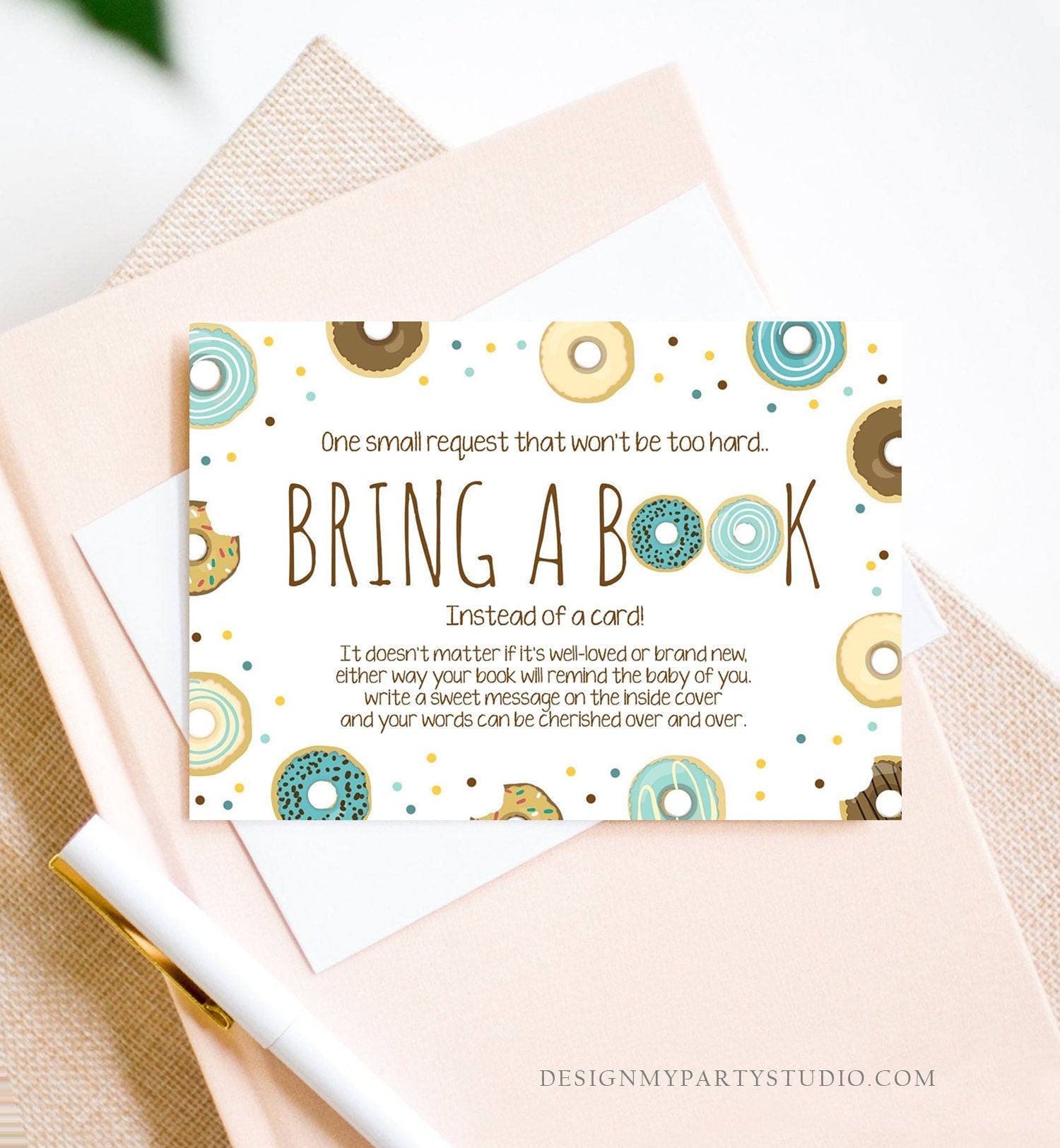 Editable Donut Bring a Book Card Boy Blue Baby Shower Sprinkle Book Insert Books for Baby Book Request Doughnut Download Corjl Template 0050
