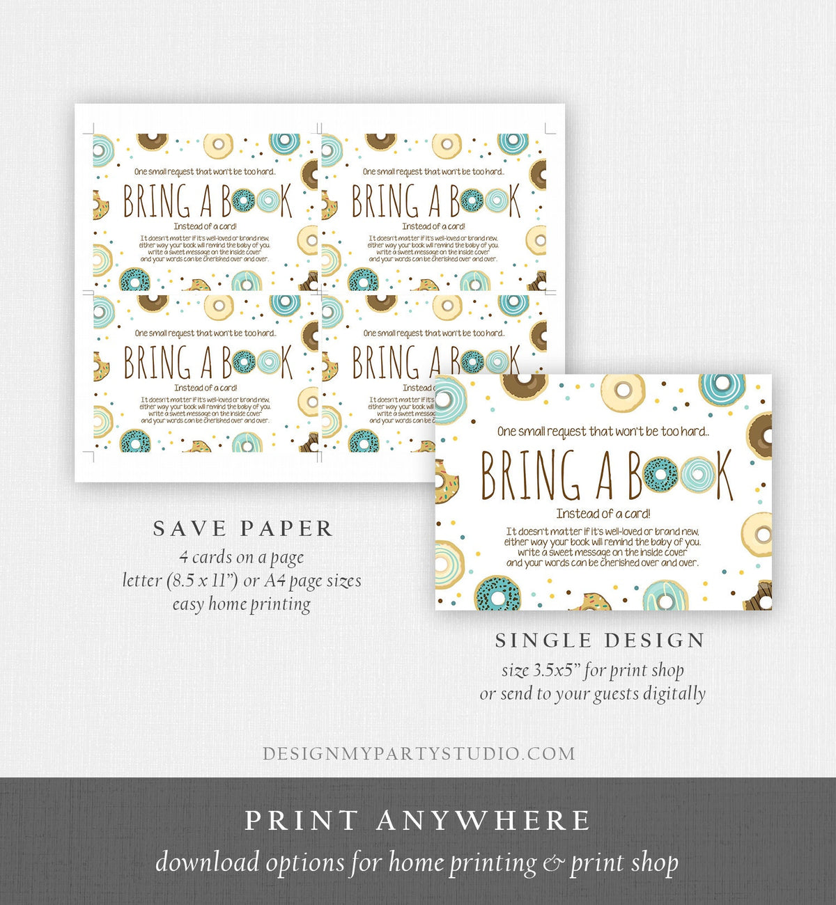 Editable Donut Bring a Book Card Boy Blue Baby Shower Sprinkle Book Insert Books for Baby Book Request Doughnut Download Corjl Template 0050