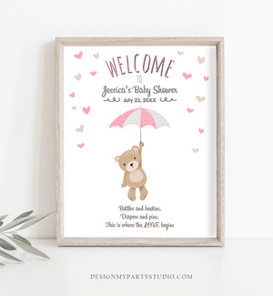 Editable Teddy Bear Welcome Sign Bear Baby Shower Pink Girl Welcome Sign Cute Umbrella Baby Sprinkle Woodland Template PRINTABLE Corjl 0025