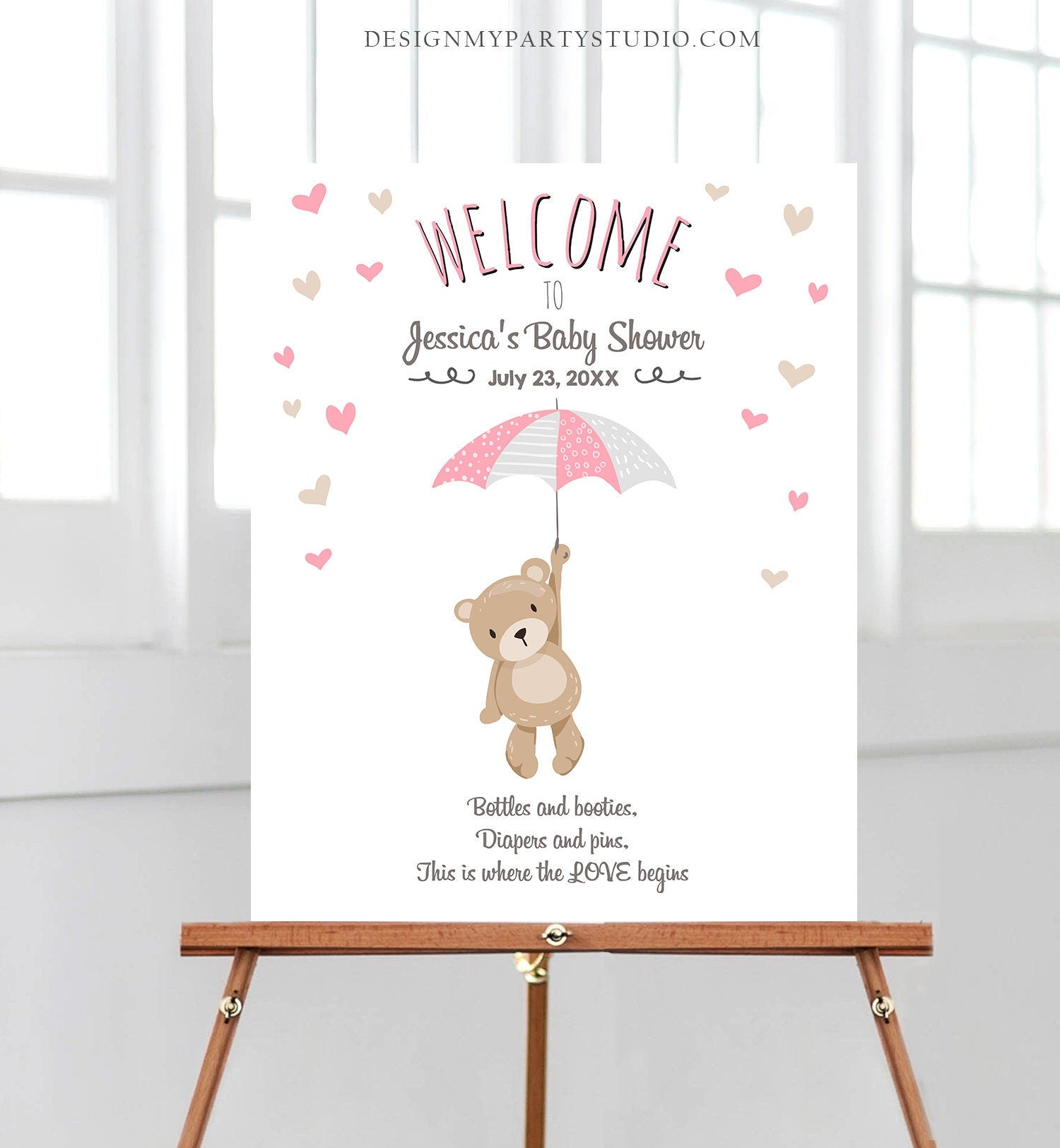 Editable Teddy Bear Welcome Sign Bear Baby Shower Pink Girl Welcome Sign Cute Umbrella Baby Sprinkle Woodland Template PRINTABLE Corjl 0025