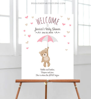 Editable Teddy Bear Welcome Sign Bear Baby Shower Pink Girl Welcome Sign Cute Umbrella Baby Sprinkle Woodland Template PRINTABLE Corjl 0025