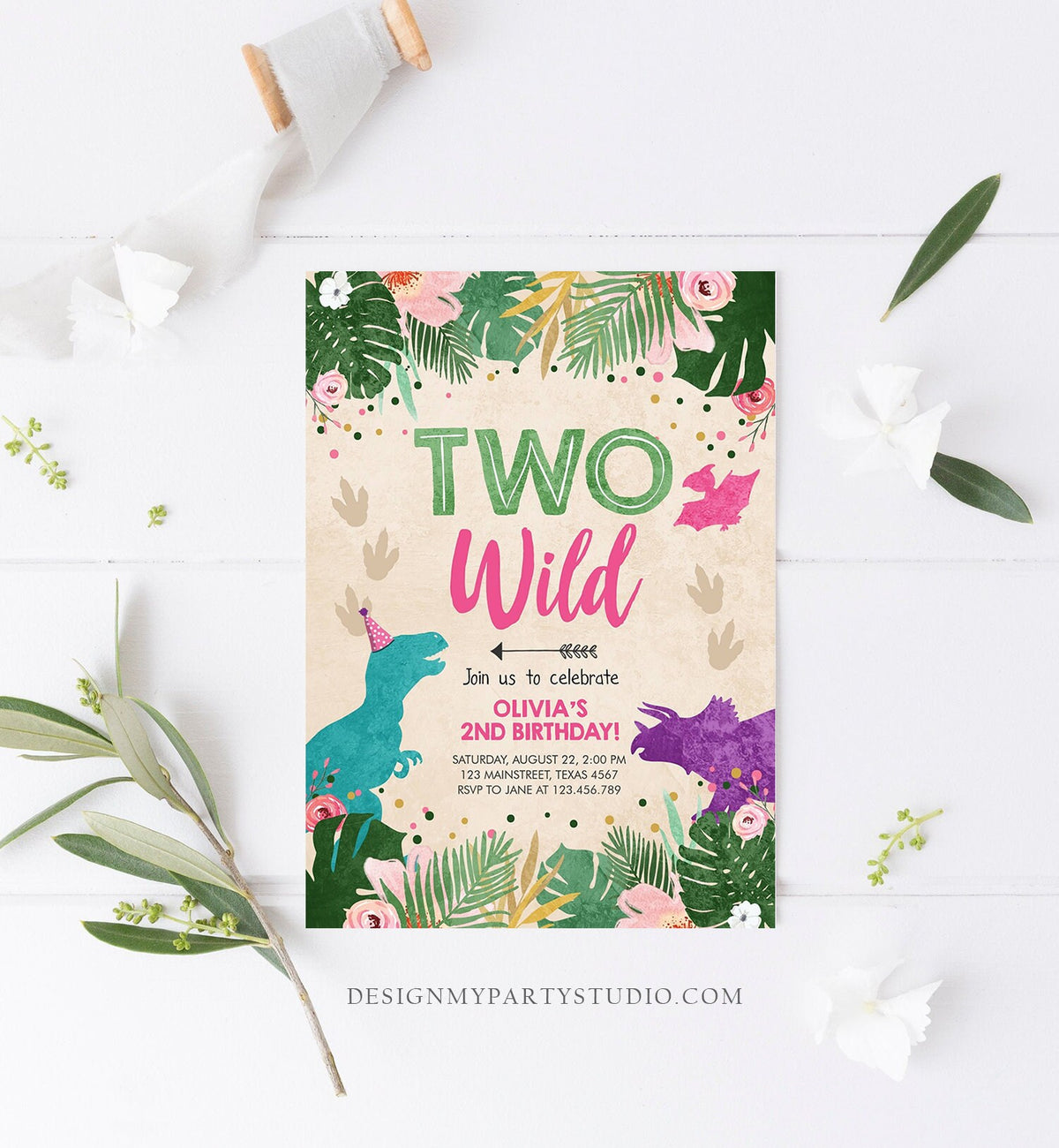 Editable Two Wild Birthday Invitation Dinosaur Dino Party Girl 2nd Second Birthday Born to Pink Purple Digital Corjl Template Printable 0388