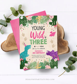 Editable Young Wild and Three Birthday Invitation Dinosaur Dino Party Girl 3rd Third Birthday Pink Purple Corjl Template Printable 0388