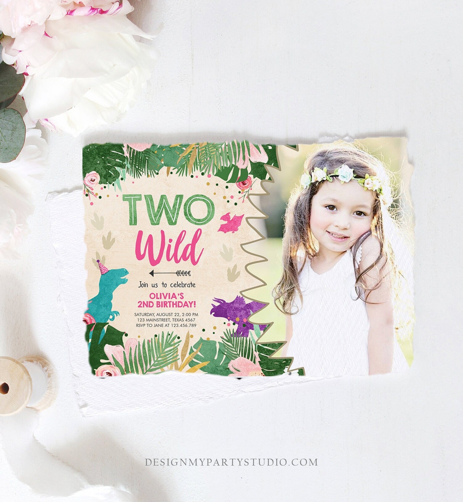 Editable Two Wild Birthday Invitation Dinosaur Dino Party Girl 2nd Second Birthday Born to Pink Purple Digital Corjl Template Printable 0388