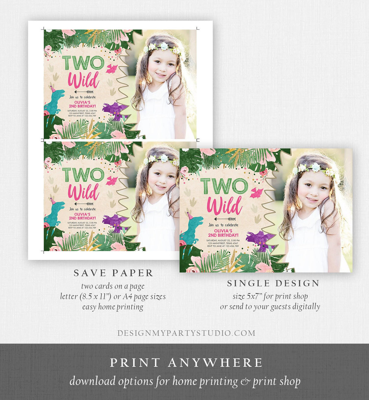 Editable Two Wild Birthday Invitation Dinosaur Dino Party Girl 2nd Second Birthday Born to Pink Purple Digital Corjl Template Printable 0388