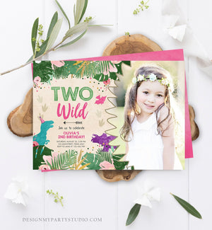 Editable Two Wild Birthday Invitation Dinosaur Dino Party Girl 2nd Second Birthday Born to Pink Purple Digital Corjl Template Printable 0388