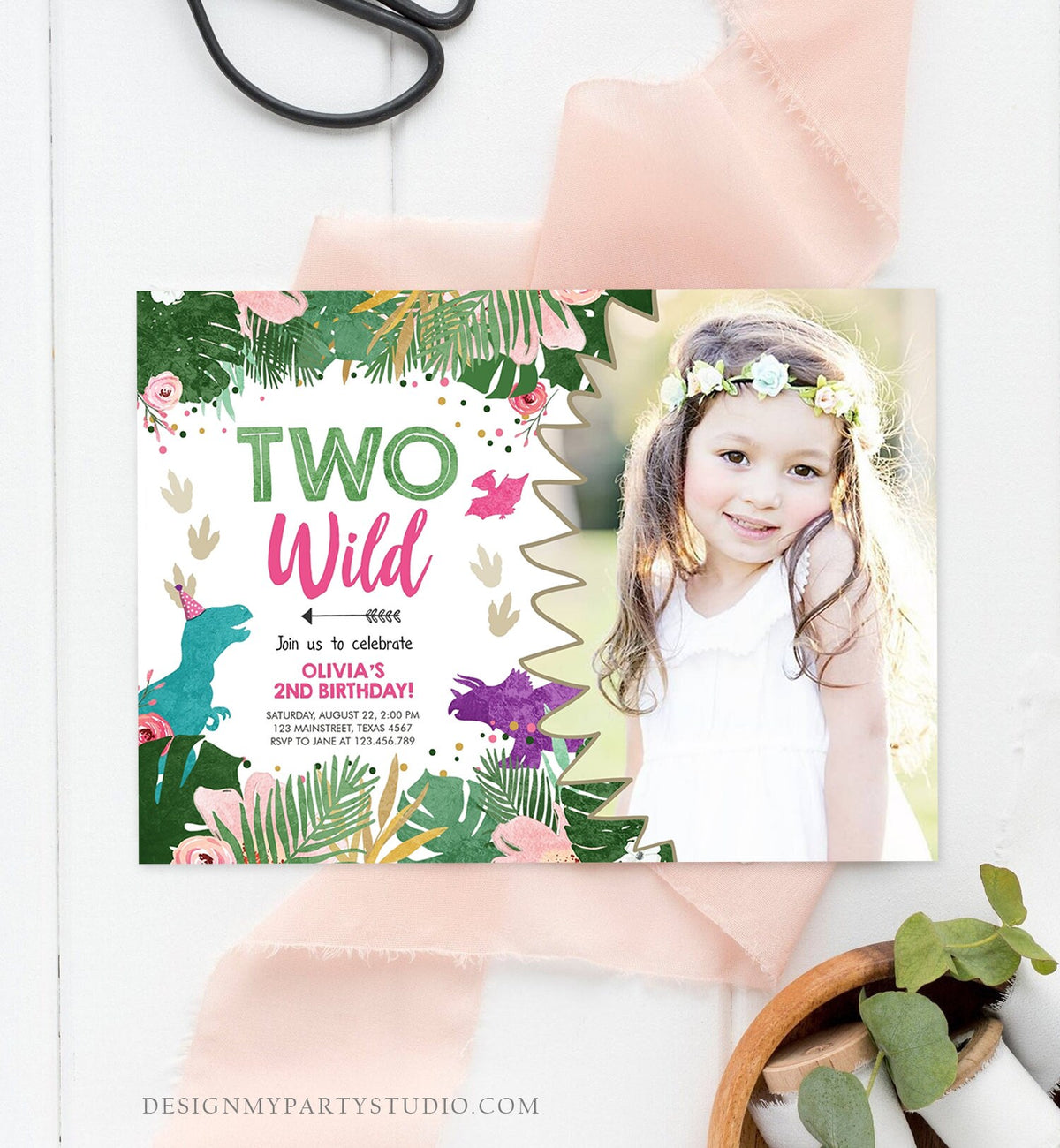 Editable Two Wild Birthday Invitation Dinosaur Dino Party Girl 2nd Second Birthday Born to Pink Purple Digital Corjl Template Printable 0388
