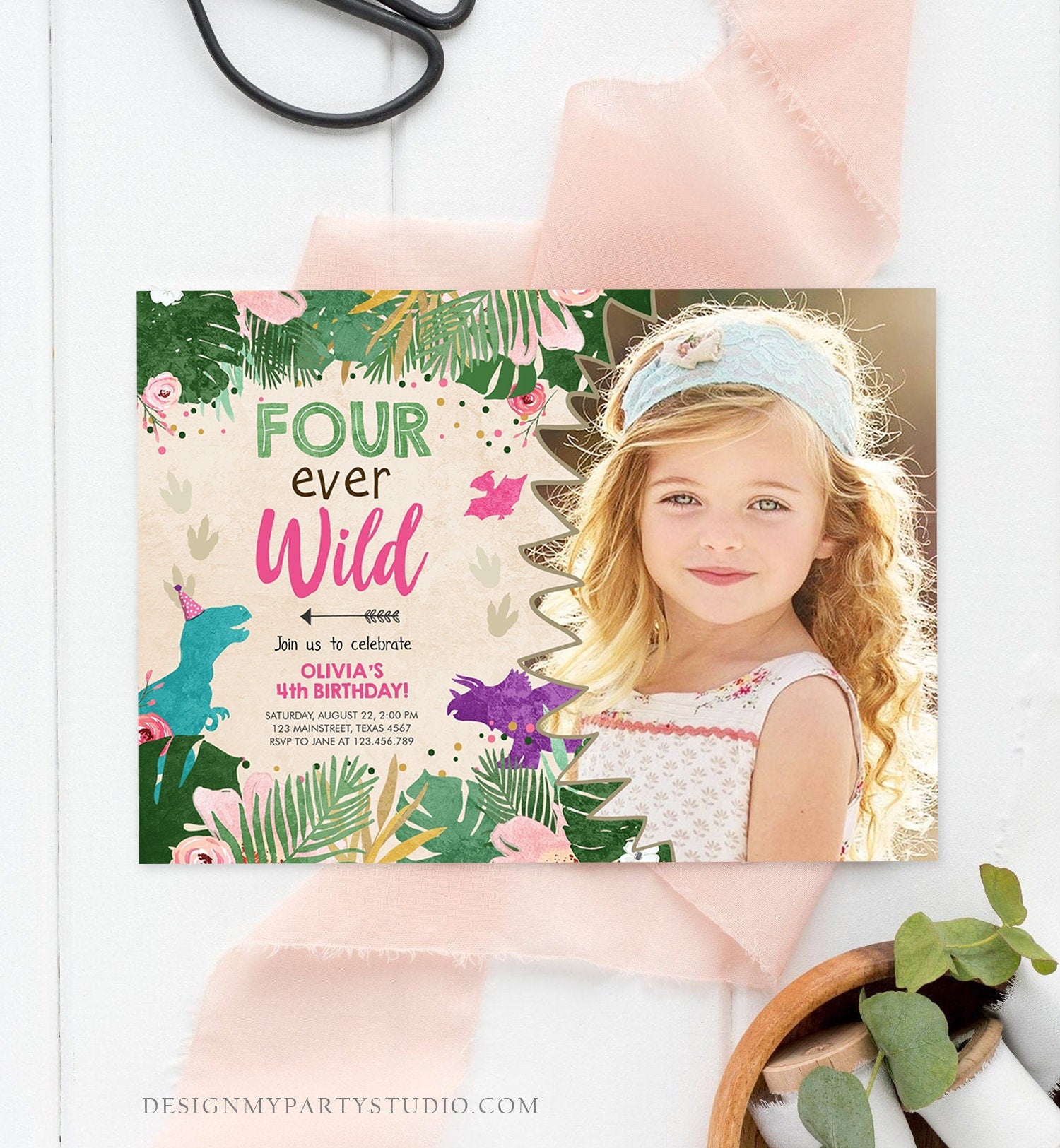 Editable Four Ever Wild Birthday Invitation Dinosaur Dino Party Girl 4th Fourth Birthday Pink Purple Fourever Corjl Template Printable 0146