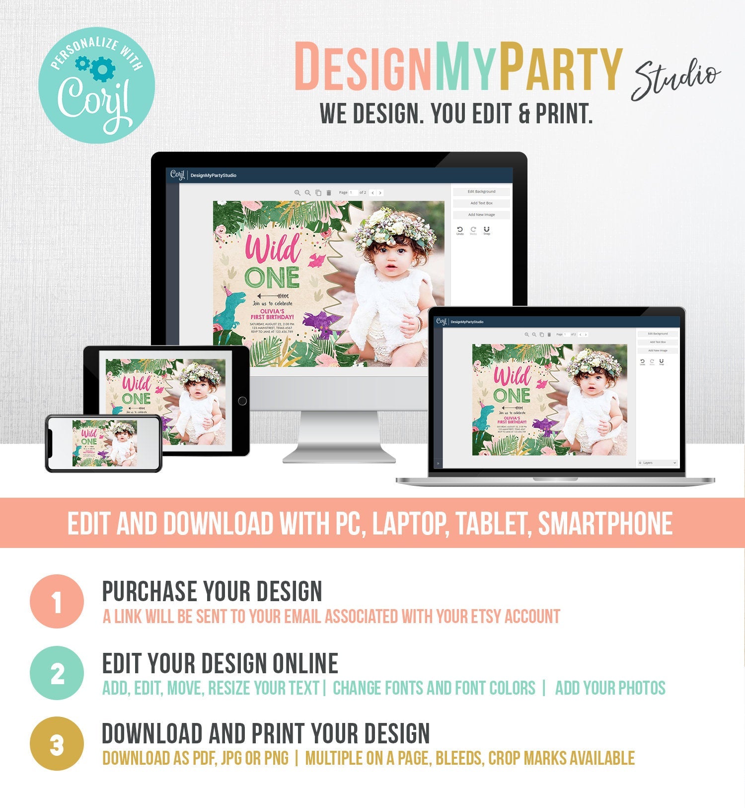 Editable Wild One Birthday Invitation Dinosaur Dino Party Girl 1st First Birthday Pink Purple Digital Download Corjl Template Printable 0146