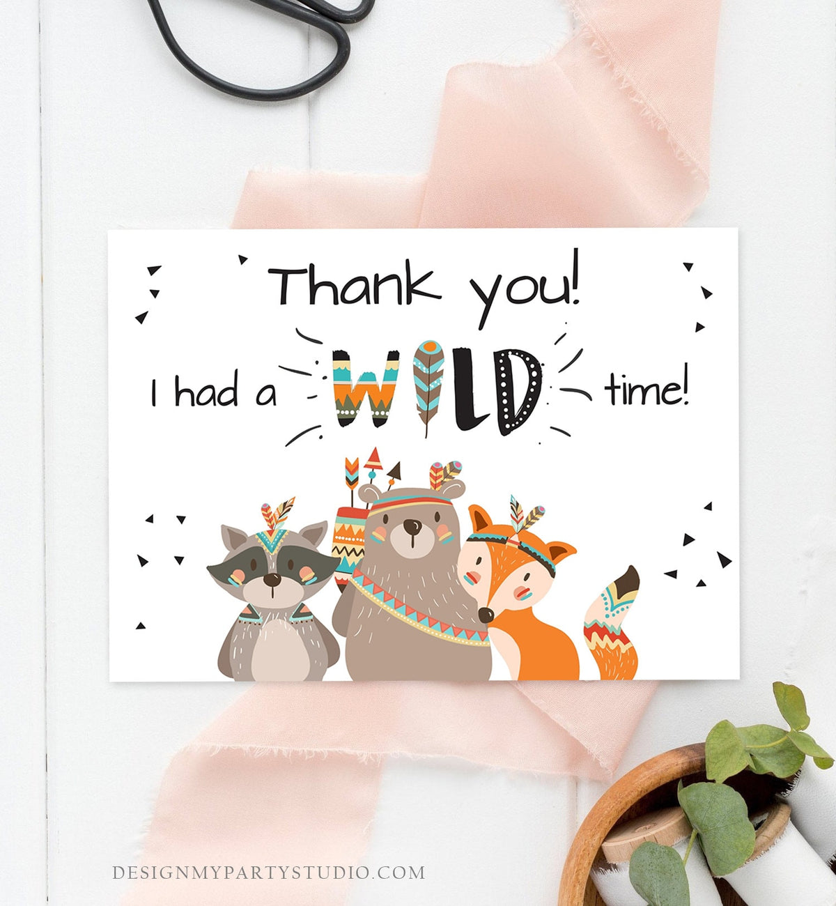 Editable Tribal Woodland Animals Thank You Card Wild One Thank You Note Boy First Birthday Digital Download Corjl Template Printable 0061