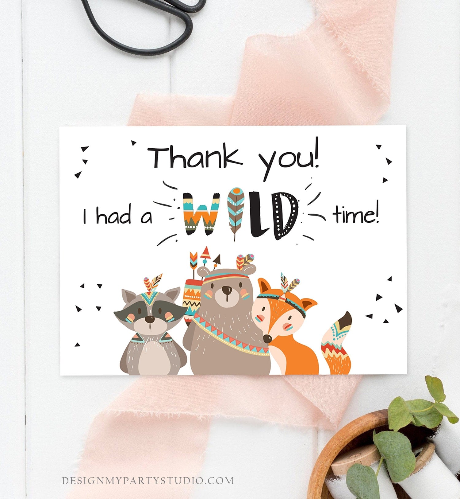Editable Tribal Woodland Animals Thank You Card Wild One Thank You Note Boy First Birthday Digital Download Corjl Template Printable 0061