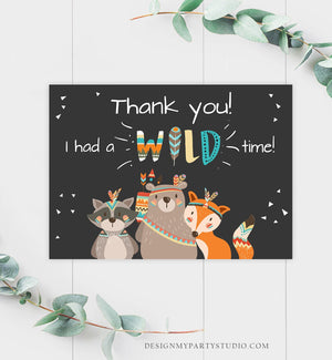 Editable Tribal Woodland Animals Thank You Card Wild One Thank You Note Boy First Birthday Digital Download Corjl Template Printable 0061