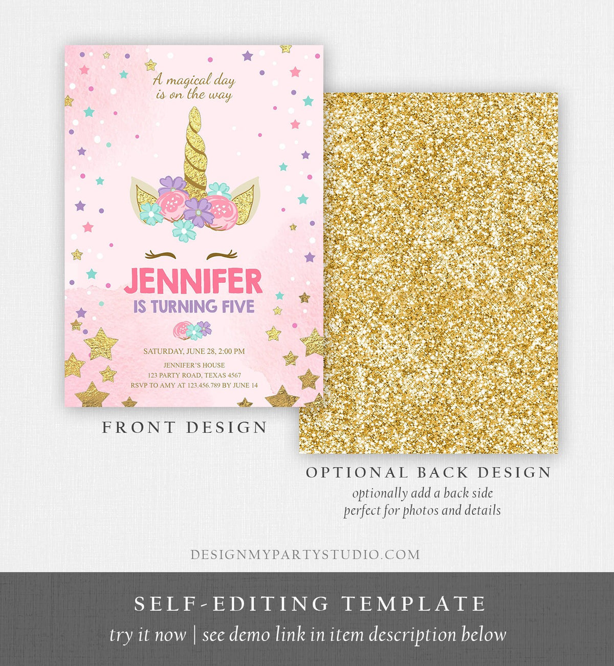 Editable Magical Unicorn Birthday Invitation ANY AGE Pastel Pink Girl Gold Stars Party Floral Digital Download Corjl Template Printable 0041