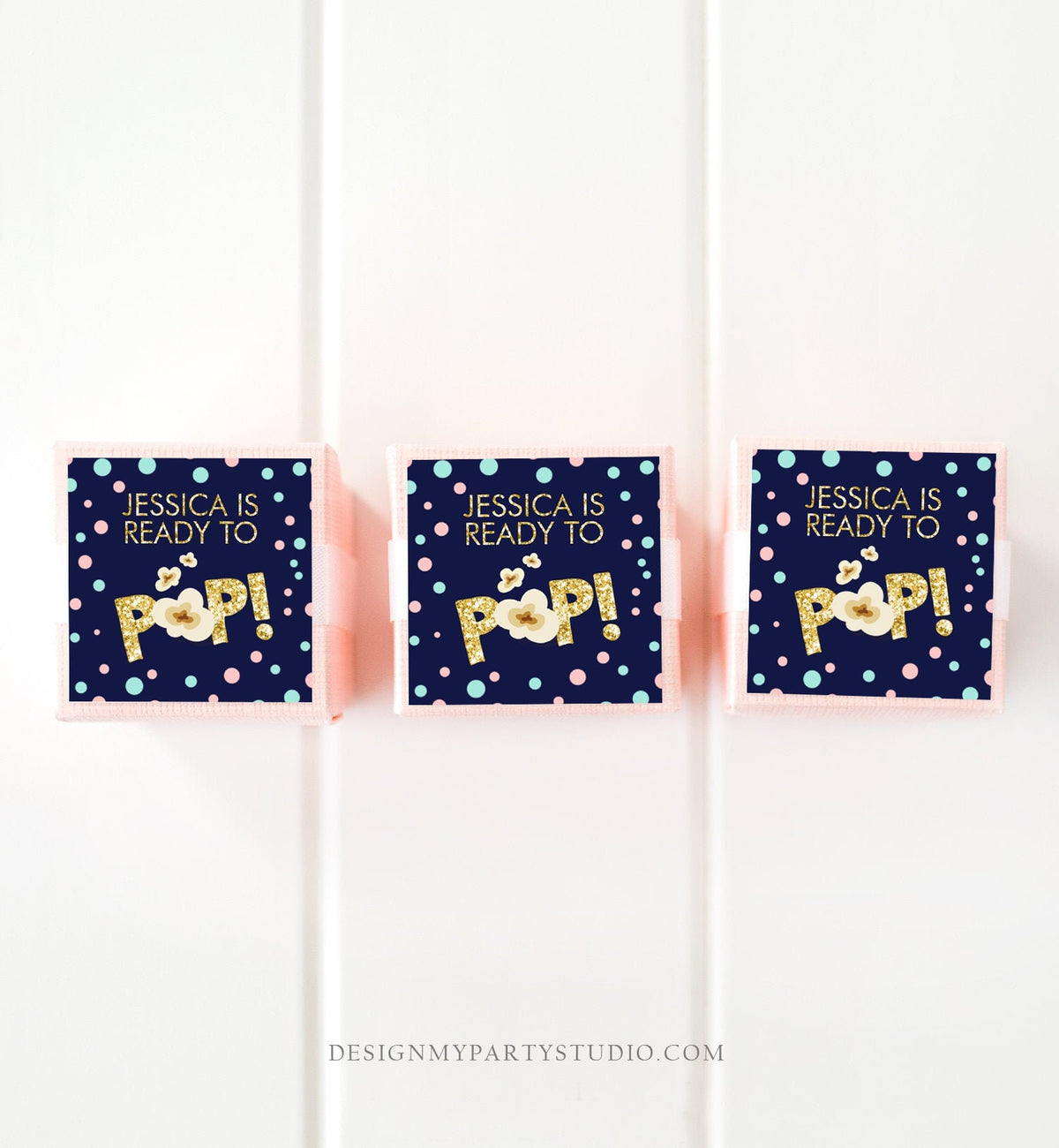 Editable Ready to Pop Baby Shower Favor Tags Thank You Tags Navy Gold Popcorn Stickers Blue Pink Round Square Sticker Corjl Template 0211