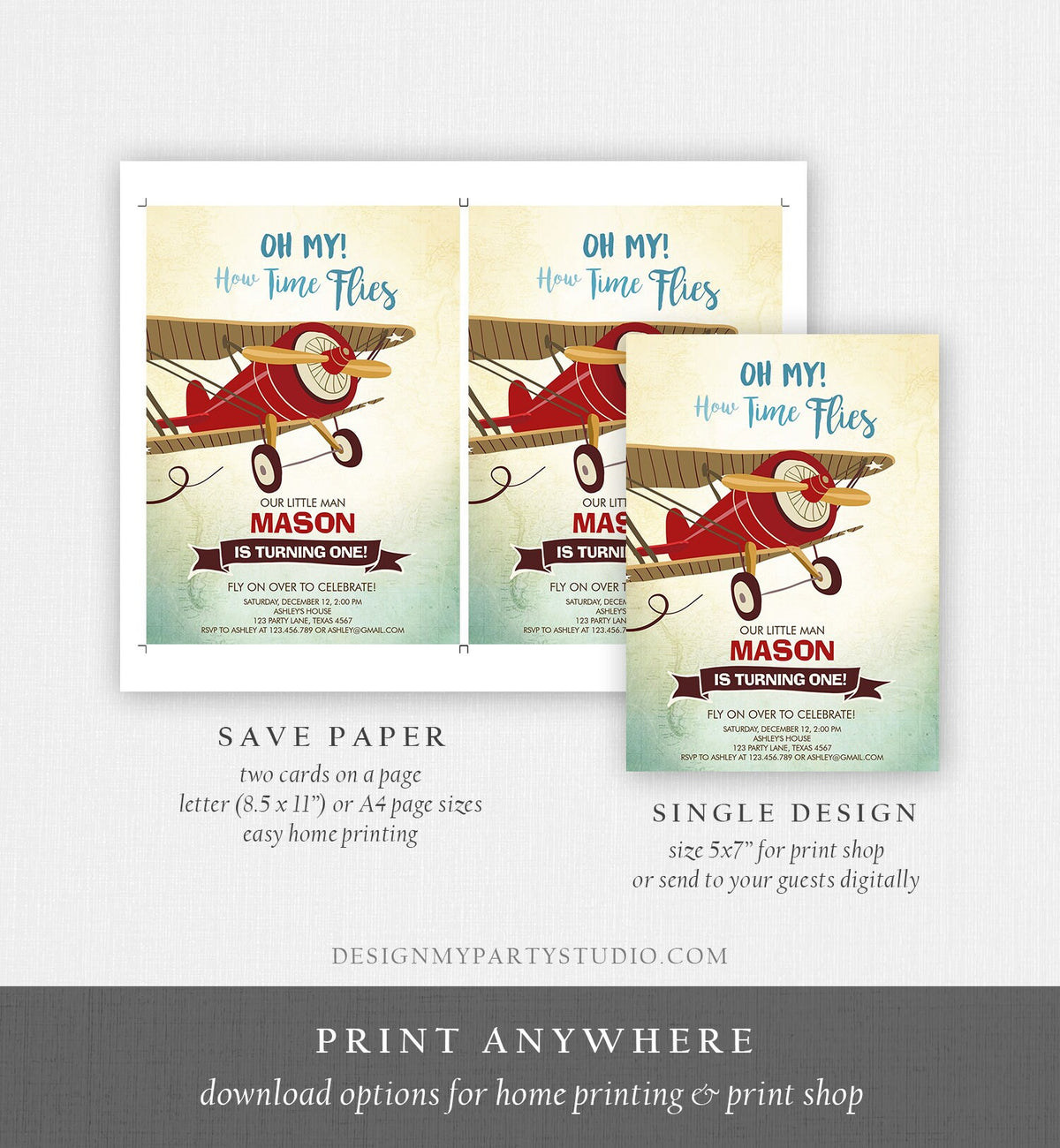 Editable Airplane Birthday Invitation Oh My How Time Flies Vintage Plane Sky 1st Red Biplane Aircraft Wing Download Corjl Template 0011