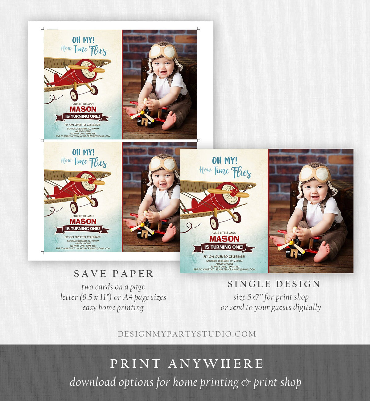 Editable Airplane Birthday Invitation Oh My How Time Flies Vintage Plane Sky 1st Red Biplane Aircraft Wing Download Corjl Template 0011