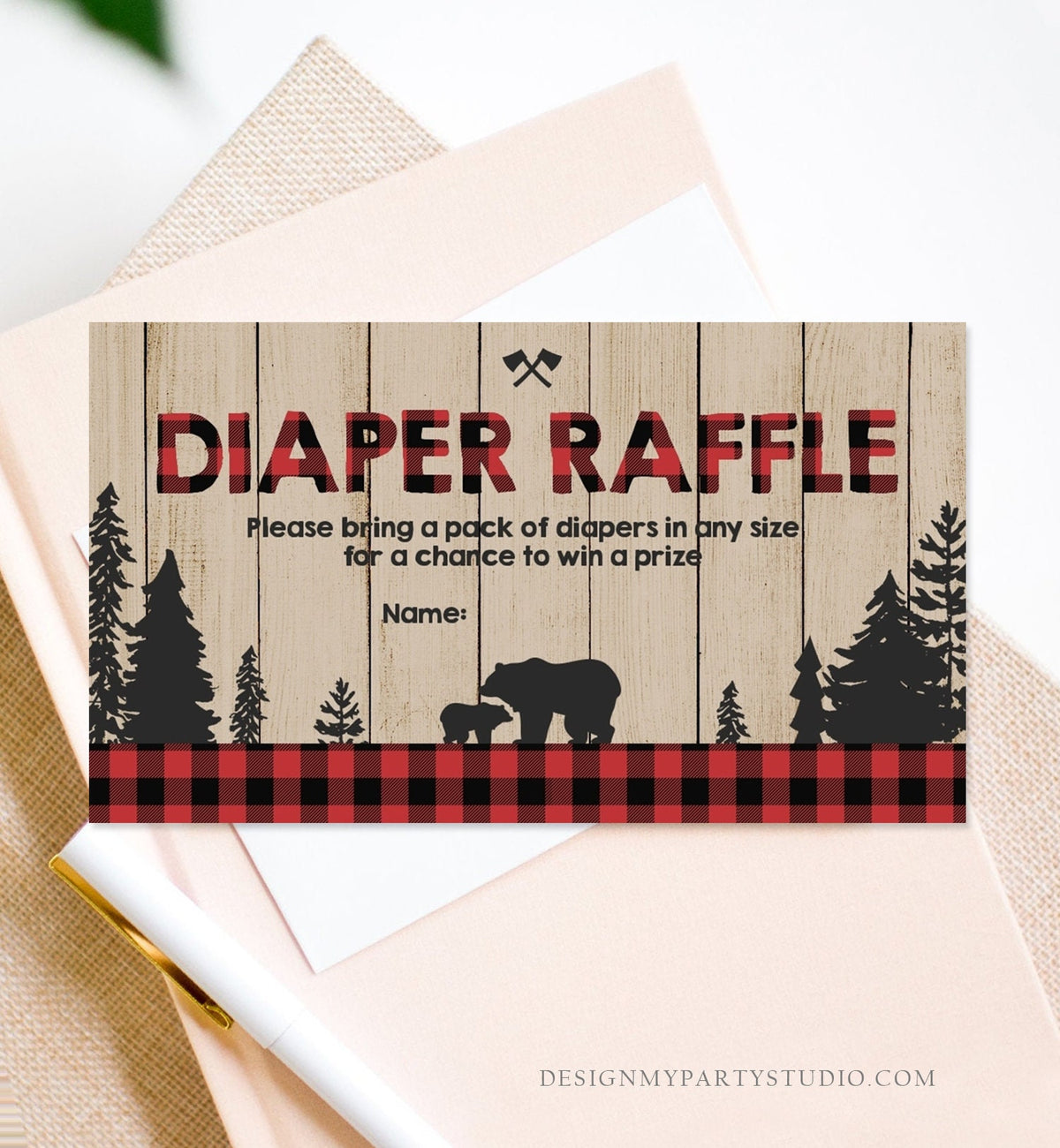 Editable Lumberjack Diaper Raffle Ticket Lumberjack Baby shower Diaper Game Rustic Bear Cub Diaper Ticket Template PRINTABLE Corjl 0191