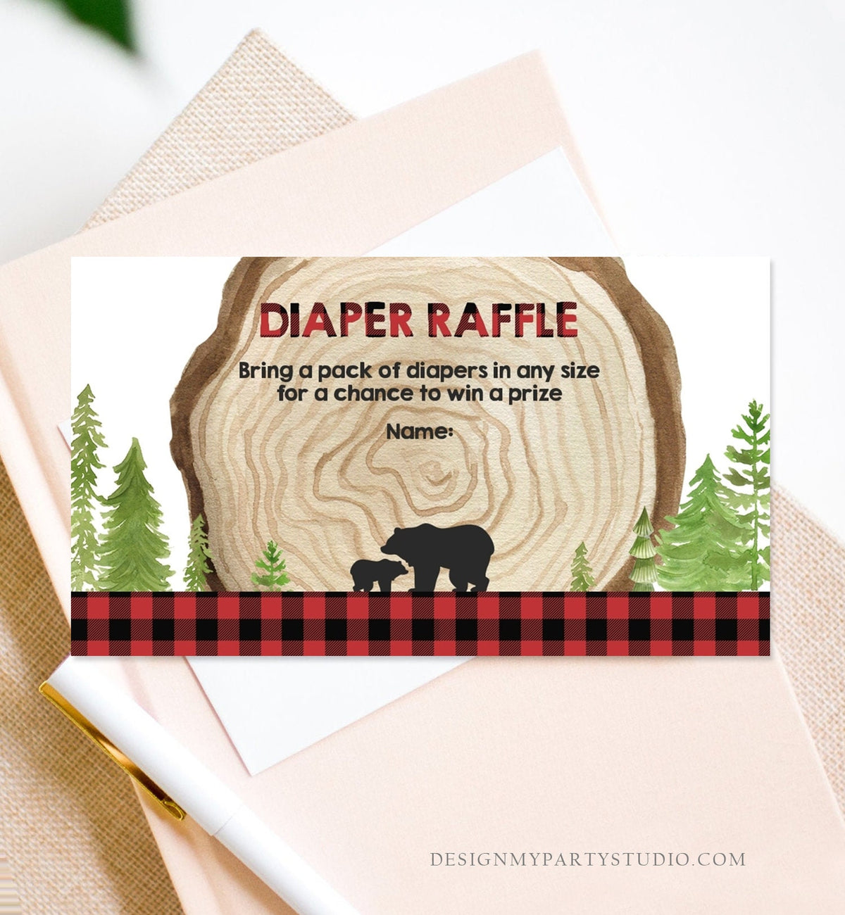 Editable Lumberjack Diaper Raffle Ticket Lumberjack Baby shower Diaper Game Rustic Bear Cub Diaper Ticket Template PRINTABLE Corjl 0191