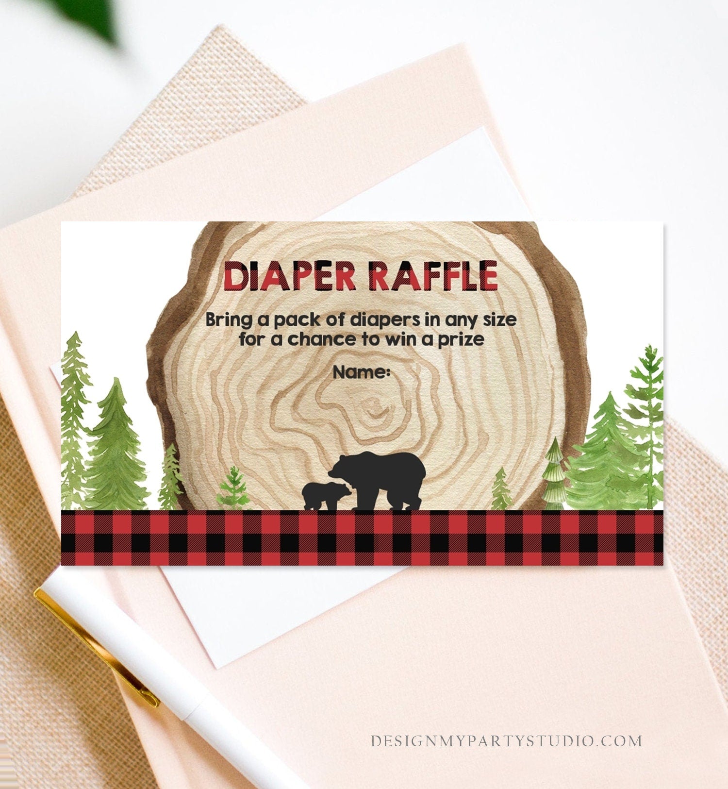 Editable Lumberjack Diaper Raffle Ticket Lumberjack Baby shower Diaper Game Rustic Bear Cub Diaper Ticket Template PRINTABLE Corjl 0191