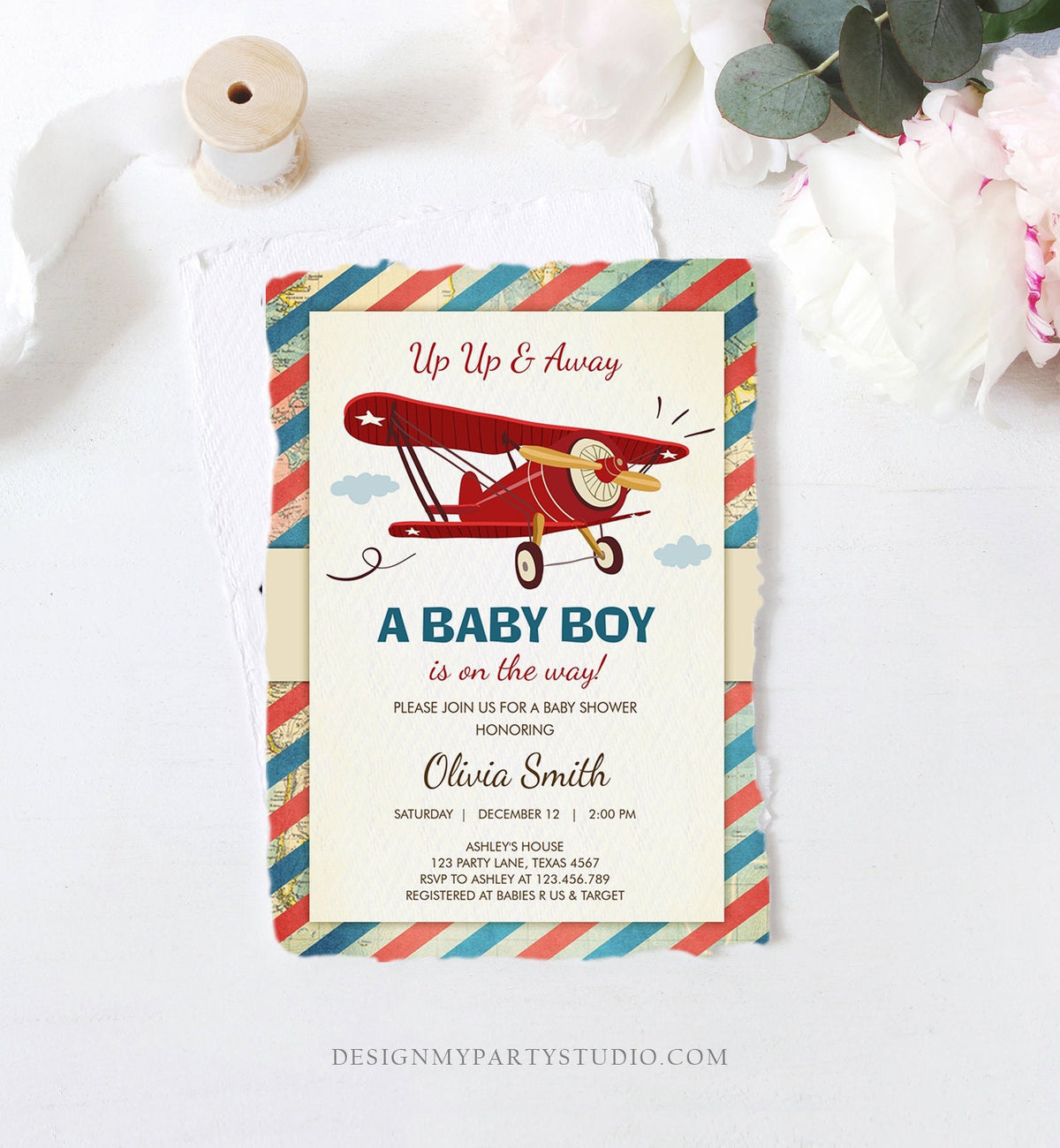 Editable Up Up and Away Airplane Baby Shower Invitation Travel Adventure Baby Boy Red Plane Instant Download Digital Corjl Template 0011