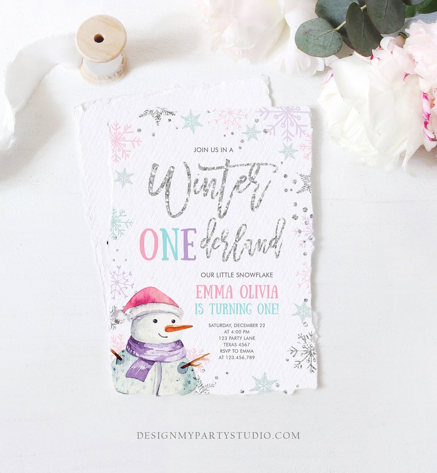 Editable Winter ONEderland Birthday Invitation First Birthday Snowflake Pink Silver Purple Snowman Printable Invitation Template Corjl 0256