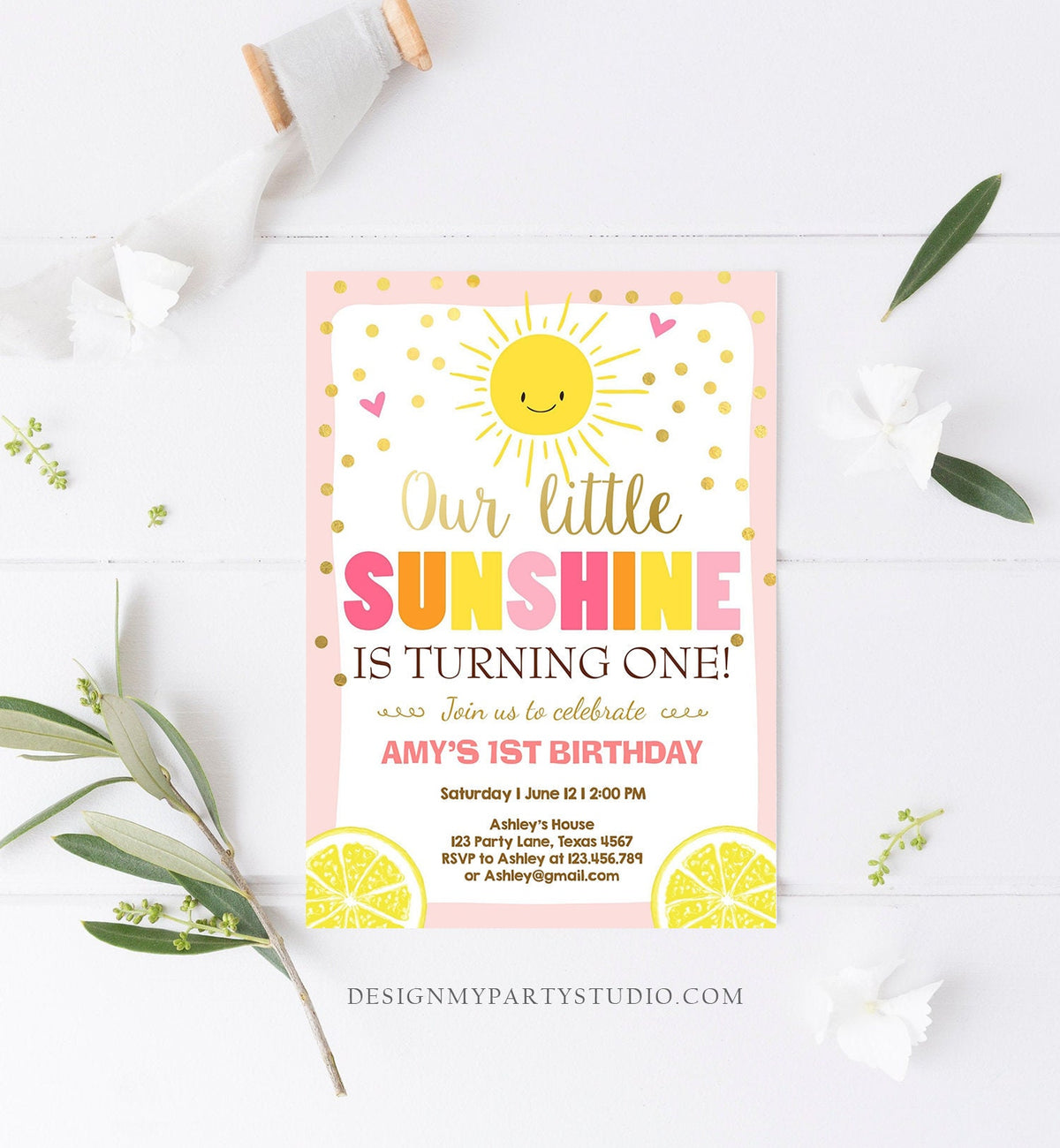Editable Sunshine and Lemonade Birthday Invitation You are My Sunshine Pink Girl Summer Download Printable Invitation Template Corjl 0070