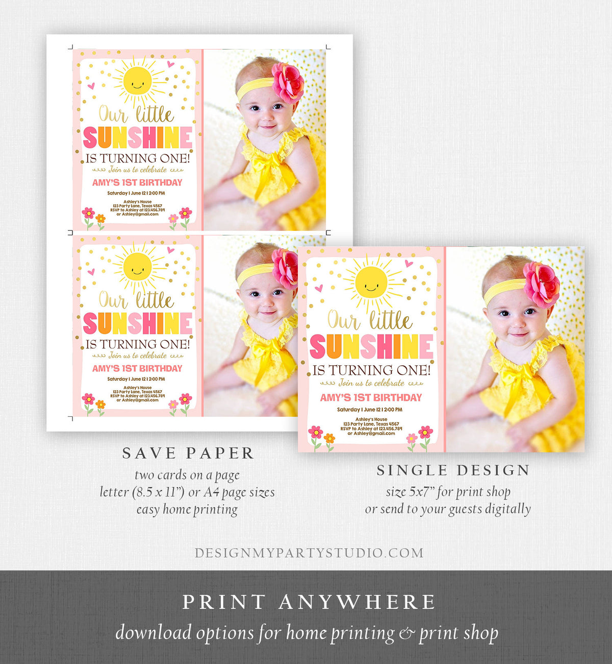 Editable Our Little Sunshine Birthday Invitation You Are My Sunshine First Birthday 1st Party Pink Girl Bow Download Corjl Template 0070