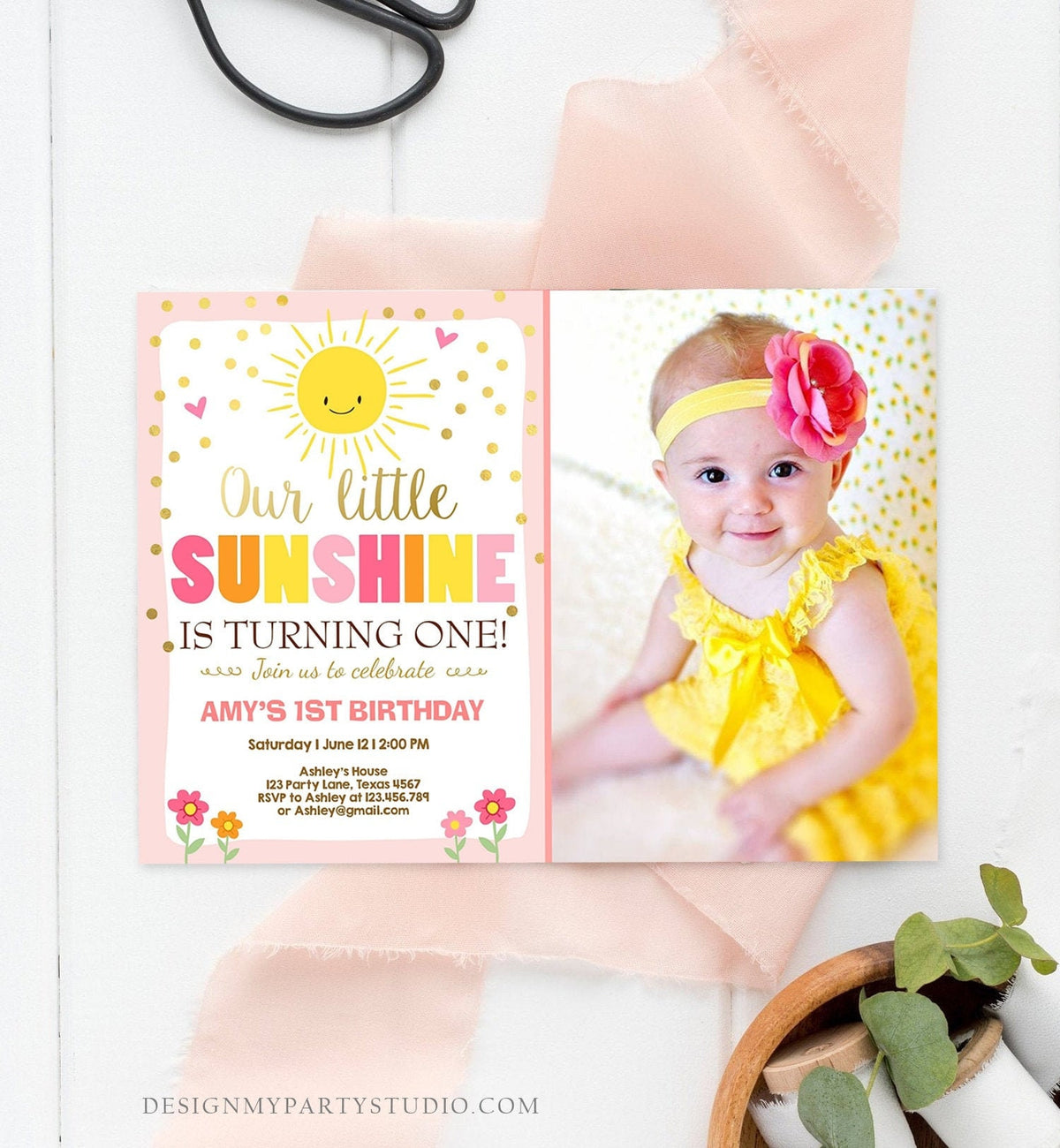 Editable Our Little Sunshine Birthday Invitation You Are My Sunshine First Birthday 1st Party Pink Girl Bow Download Corjl Template 0070