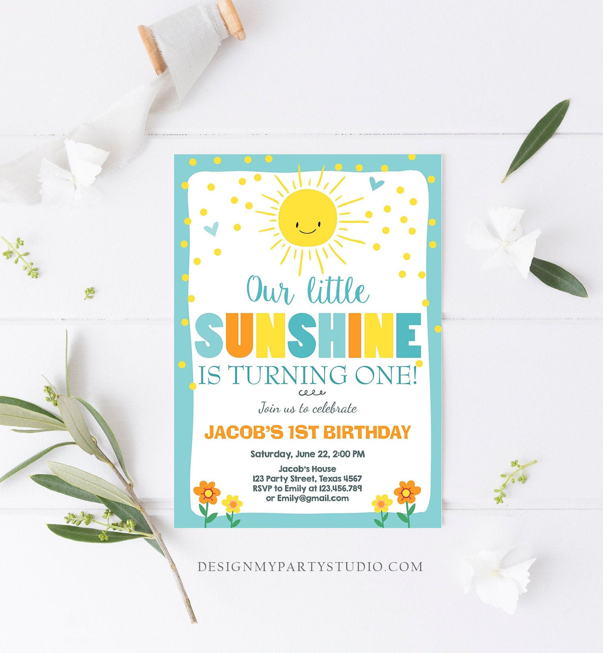 Editable Little Sunshine Birthday Invitation You are My Sunshine Boy 1st birthday Blue Download Printable Invitation Template Corjl 0070