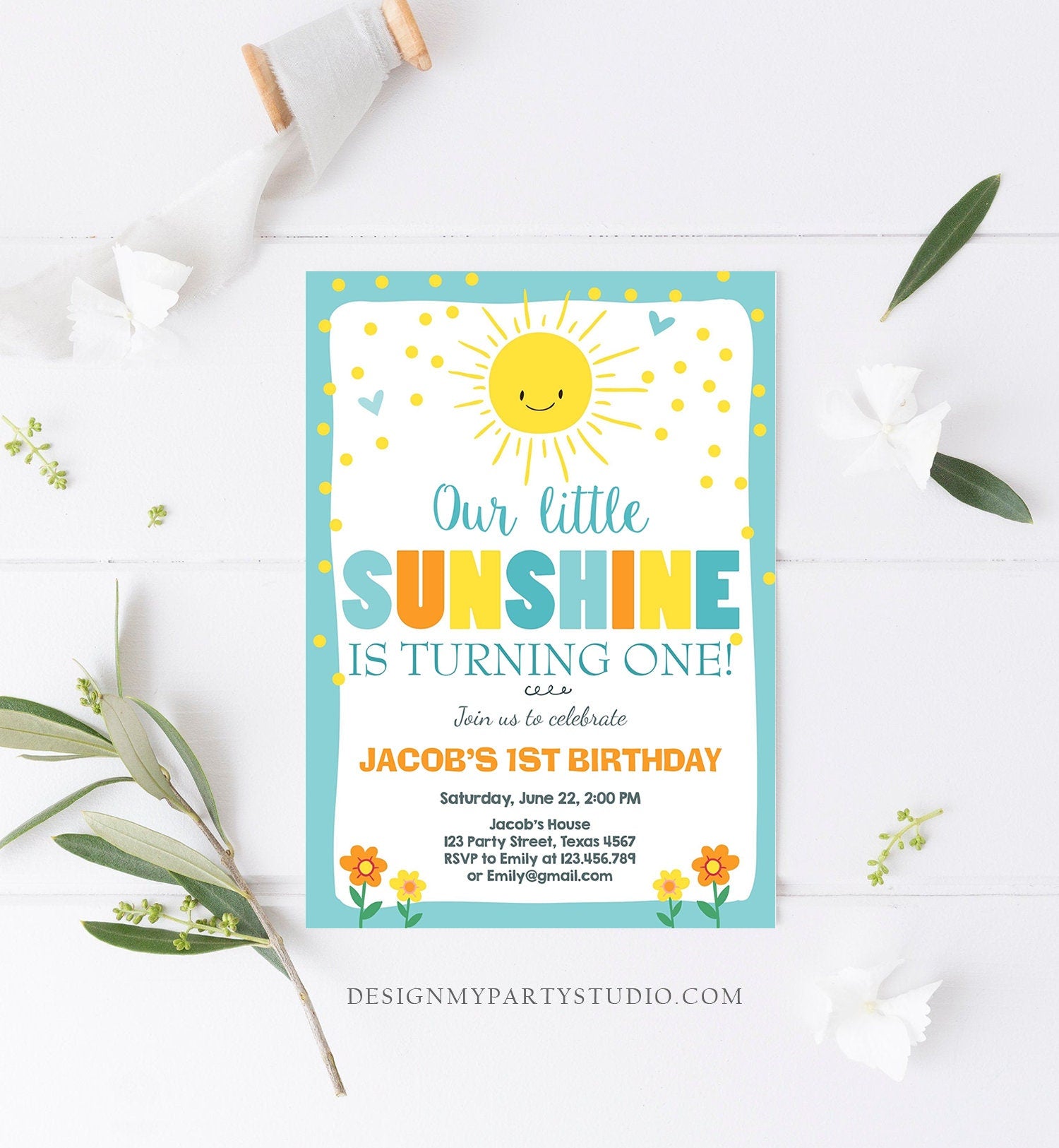 Editable Little Sunshine Birthday Invitation You are My Sunshine Boy 1st birthday Blue Download Printable Invitation Template Corjl 0070