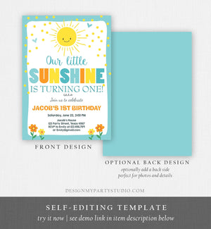Editable Little Sunshine Birthday Invitation You are My Sunshine Boy 1st birthday Blue Download Printable Invitation Template Corjl 0070