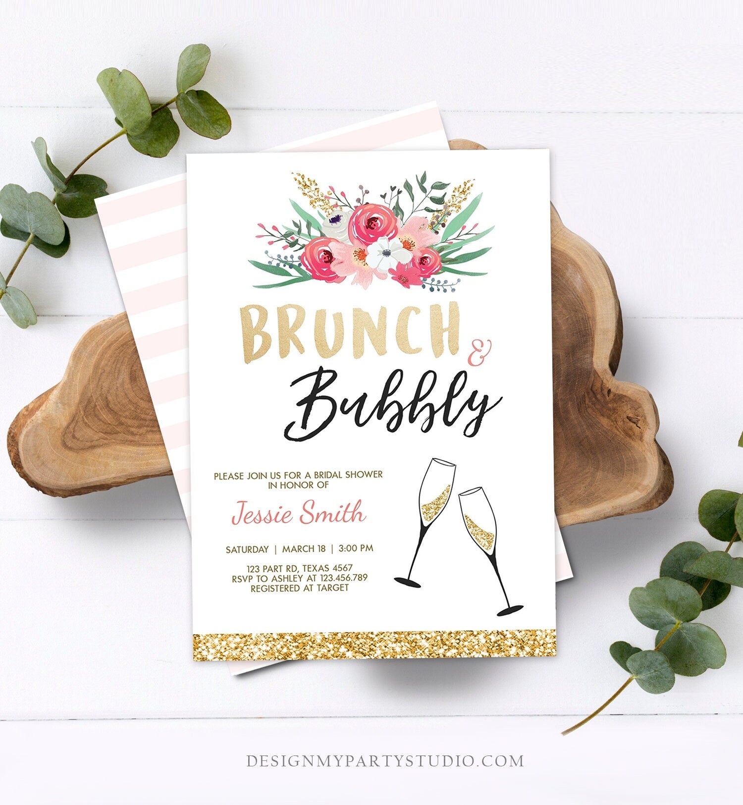 Editable Brunch and Bubbly Bridal Shower Invitation Floral Champagne Gold Pink Wedding Download Printable Template Digital Corjl 0318