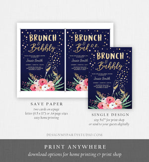 Editable Brunch and Bubbly Bridal Shower Invitation Floral Champagne Gold Pink Navy Wedding Download Printable Template Digital Corjl 0030